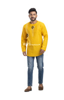 Yellow Cotton Silk Embroidery Worked Short Kurta For Men (KRP1)